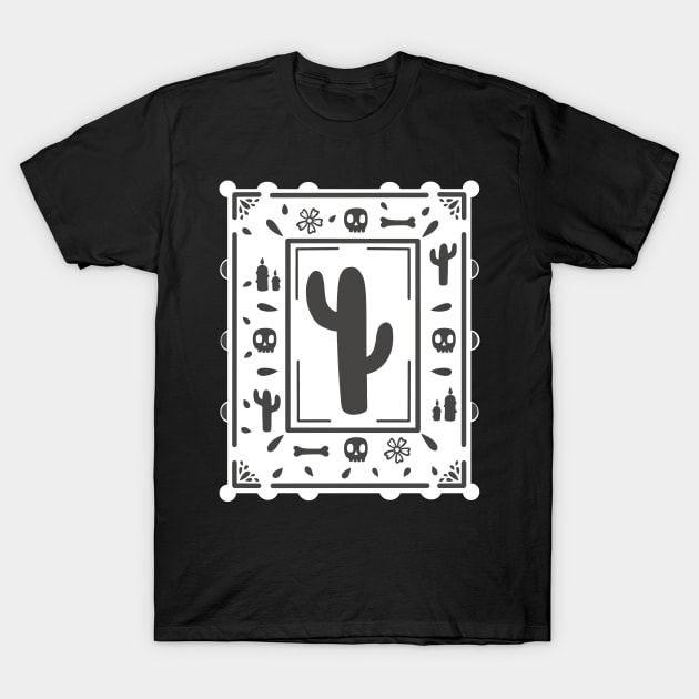 Día De Los Muertos - black skull - cactus - white - Papel Picado T-Shirt by Scriptnbones